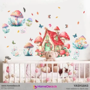Whimsical watercolor Fairy Mushroom House wall sticker set with colorful fungi, butterflies, and snails for girls' room decor.
