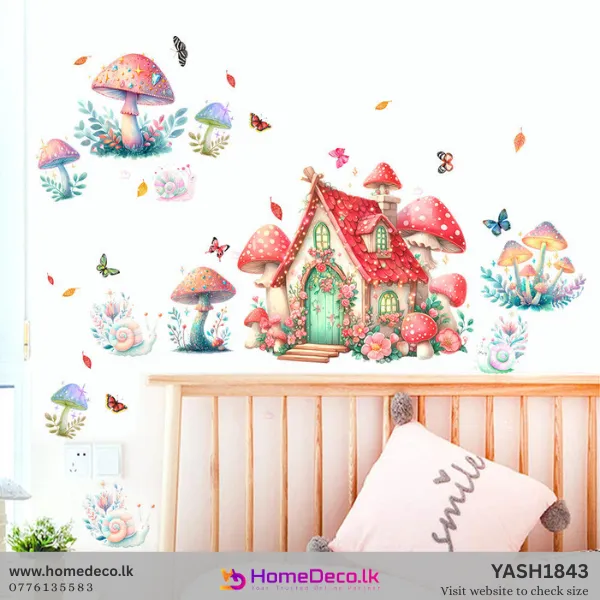 Whimsical watercolor Fairy Mushroom House wall sticker set with colorful fungi, butterflies, and snails for girls' room decor.