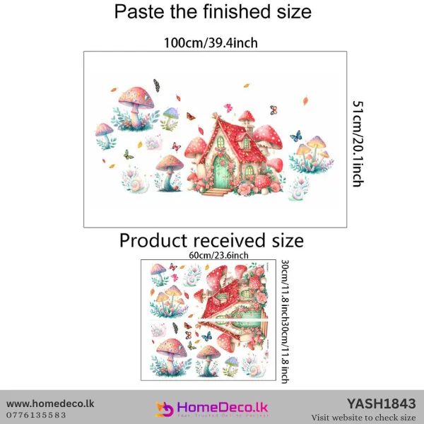 Whimsical watercolor Fairy Mushroom House wall sticker set with colorful fungi, butterflies, and snails for girls' room decor.