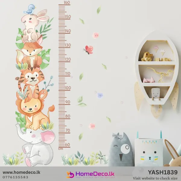 Watercolor Animal Height Measure wall decal with stacked bunny, fox, tiger, lion, elephant and growth chart (60-160cm) for nursery.
