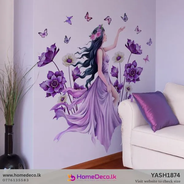 Enchanting wall decal featuring a graceful girl in a lavender dress surrounded by lush purple flowers and butterflies.