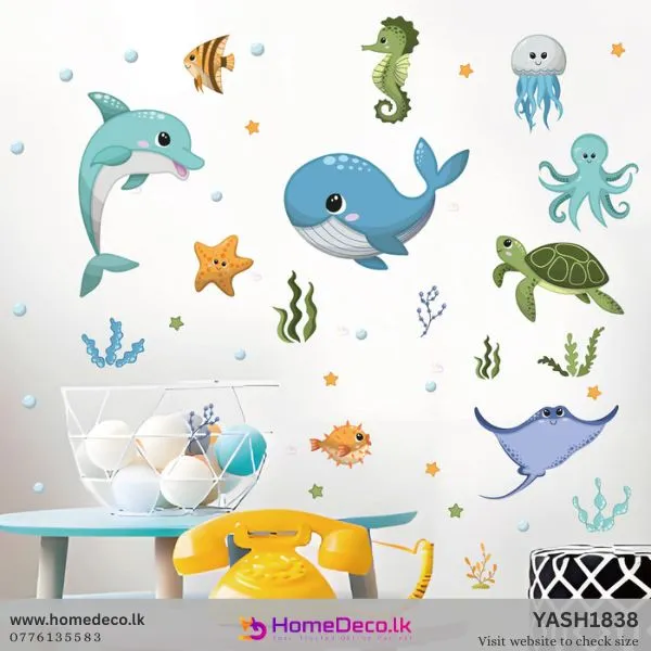 Vibrant cartoon marine life Sea Theme Wall Sticker set featuring dolphin, whale, jellyfish, and starfish for kids' rooms.