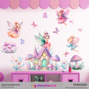 Watercolor style Fairy Castle Baby Wall Sticker featuring four whimsical fairies, a purple-roofed mushroom house, butterflies, and flowers in soft pastels for a nursery.