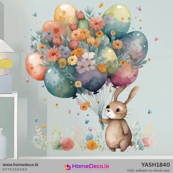 Watercolor Bunny with Balloon wall sticker for nursery, featuring a cute brown bunny, pastel floral balloons, and butterflies.