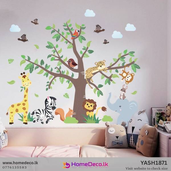 Vibrant Baby Animal Tree wall decal featuring cute jungle animals and a lush tree for child's room decor.