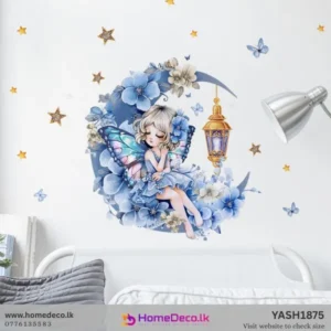 Whimsical blue moon wall sticker featuring a cute Fairy with Flowers, golden stars, and butterflies for nursery decor.