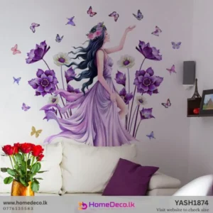 Enchanting wall decal featuring a graceful girl in a lavender dress surrounded by lush purple flowers and butterflies. Purple Flowers and Girl