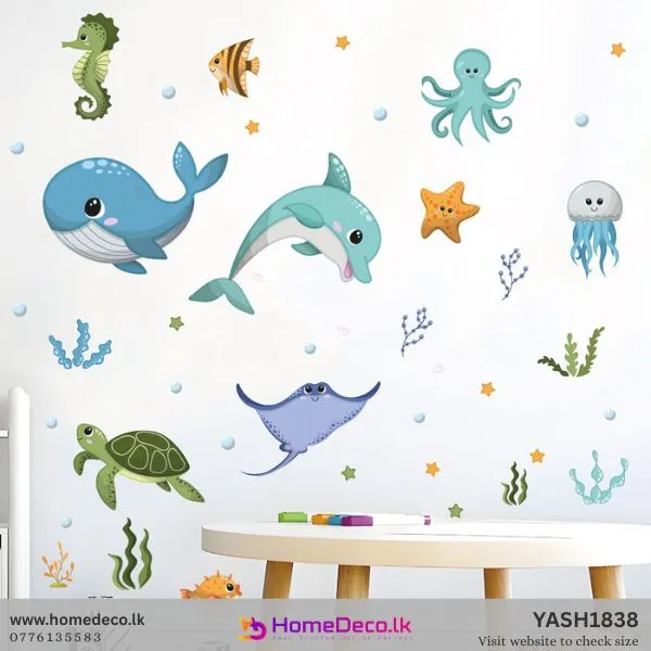 Vibrant cartoon marine life Sea Theme Wall Sticker set featuring dolphin, whale, jellyfish, and starfish for kids' rooms.