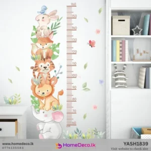Watercolor Animal Height Measure wall decal with stacked bunny, fox, tiger, lion, elephant and growth chart (60-160cm) for nursery.