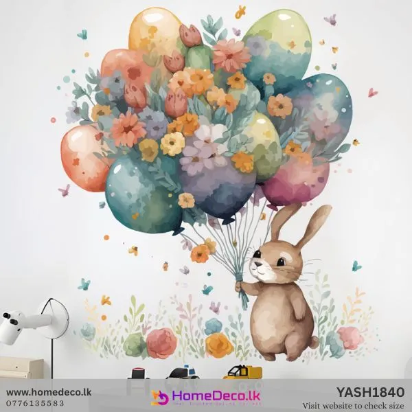 Watercolor Bunny with Balloon wall sticker for nursery, featuring a cute brown bunny, pastel floral balloons, and butterflies.