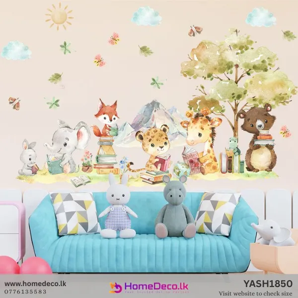Watercolor jungle animal theme wall sticker with reading elephant, bear, giraffe, fox, rabbit, and frog under a tree. Nursery decor.