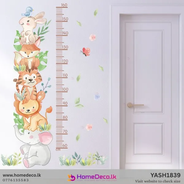 Watercolor Animal Height Measure wall decal with stacked bunny, fox, tiger, lion, elephant and growth chart (60-160cm) for nursery.