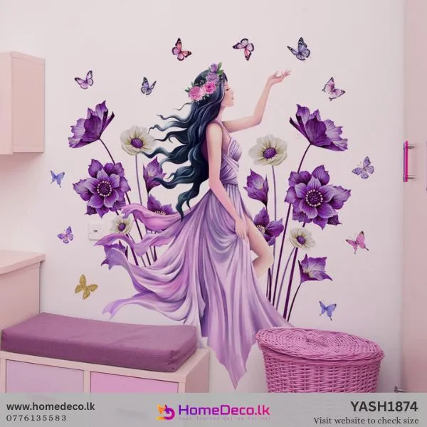 Enchanting wall decal featuring a graceful girl in a lavender dress surrounded by lush purple flowers and butterflies.