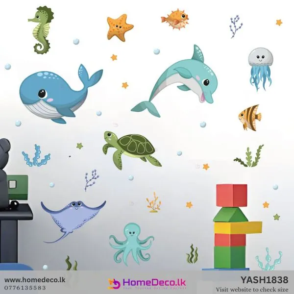 Vibrant cartoon marine life Sea Theme Wall Sticker set featuring dolphin, whale, jellyfish, and starfish for kids' rooms.