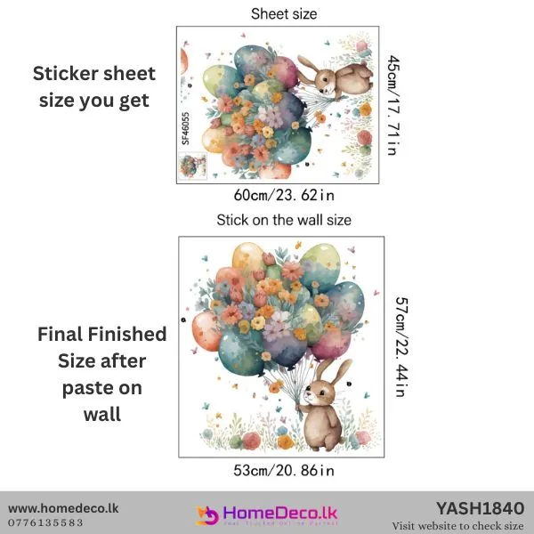 Watercolor Bunny with Balloon wall sticker for nursery, featuring a cute brown bunny, pastel floral balloons, and butterflies.