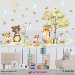 Watercolor jungle animal theme wall sticker with reading elephant, bear, giraffe, fox, rabbit, and frog under a tree. Nursery decor.