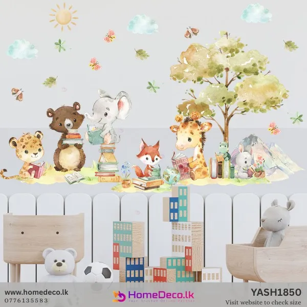 Watercolor jungle animal theme wall sticker with reading elephant, bear, giraffe, fox, rabbit, and frog under a tree. Nursery decor.