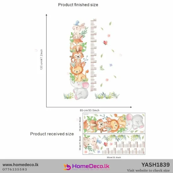 Watercolor Animal Height Measure wall decal with stacked bunny, fox, tiger, lion, elephant and growth chart (60-160cm) for nursery.