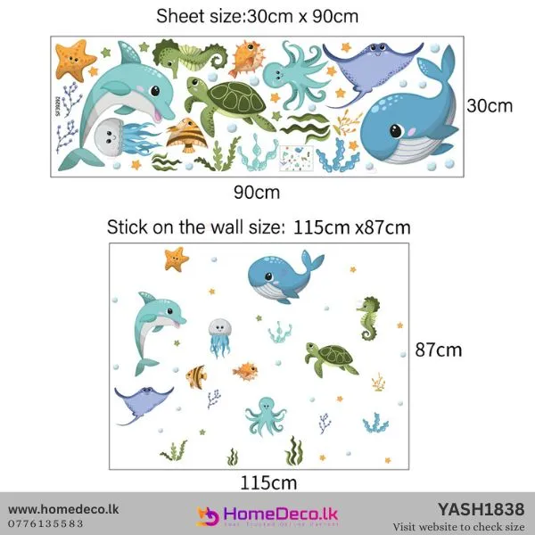 Vibrant cartoon marine life Sea Theme Wall Sticker set featuring dolphin, whale, jellyfish, and starfish for kids' rooms.