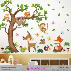 Vibrant woodland wall sticker for nursery featuring a graceful deer with baby animal friends like fox, squirrel, owl, and sloth around a tree. SKU YASH1832.