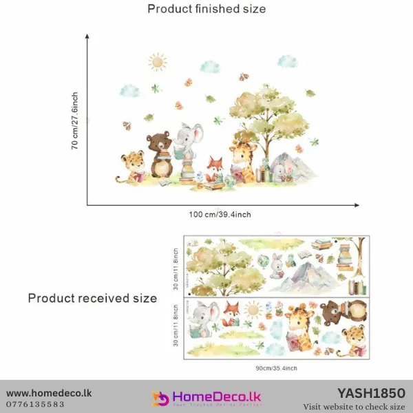 Watercolor jungle animal theme wall sticker with reading elephant, bear, giraffe, fox, rabbit, and frog under a tree. Nursery decor.