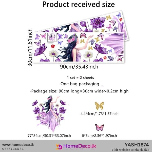 Enchanting wall decal featuring a graceful girl in a lavender dress surrounded by lush purple flowers and butterflies.