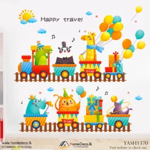 Vibrant 'Happy Travel' Animal Train Wall Sticker with cheerful cartoon animals on two festive trains, perfect for kids' rooms or nurseries.