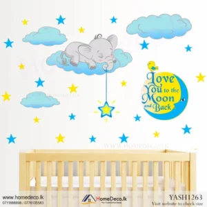 Charming nursery wall decal: Baby Elephant Sleep on cloud with moon, stars, & 'Love You to the Moon and Back' quote. SKU YASH1263.